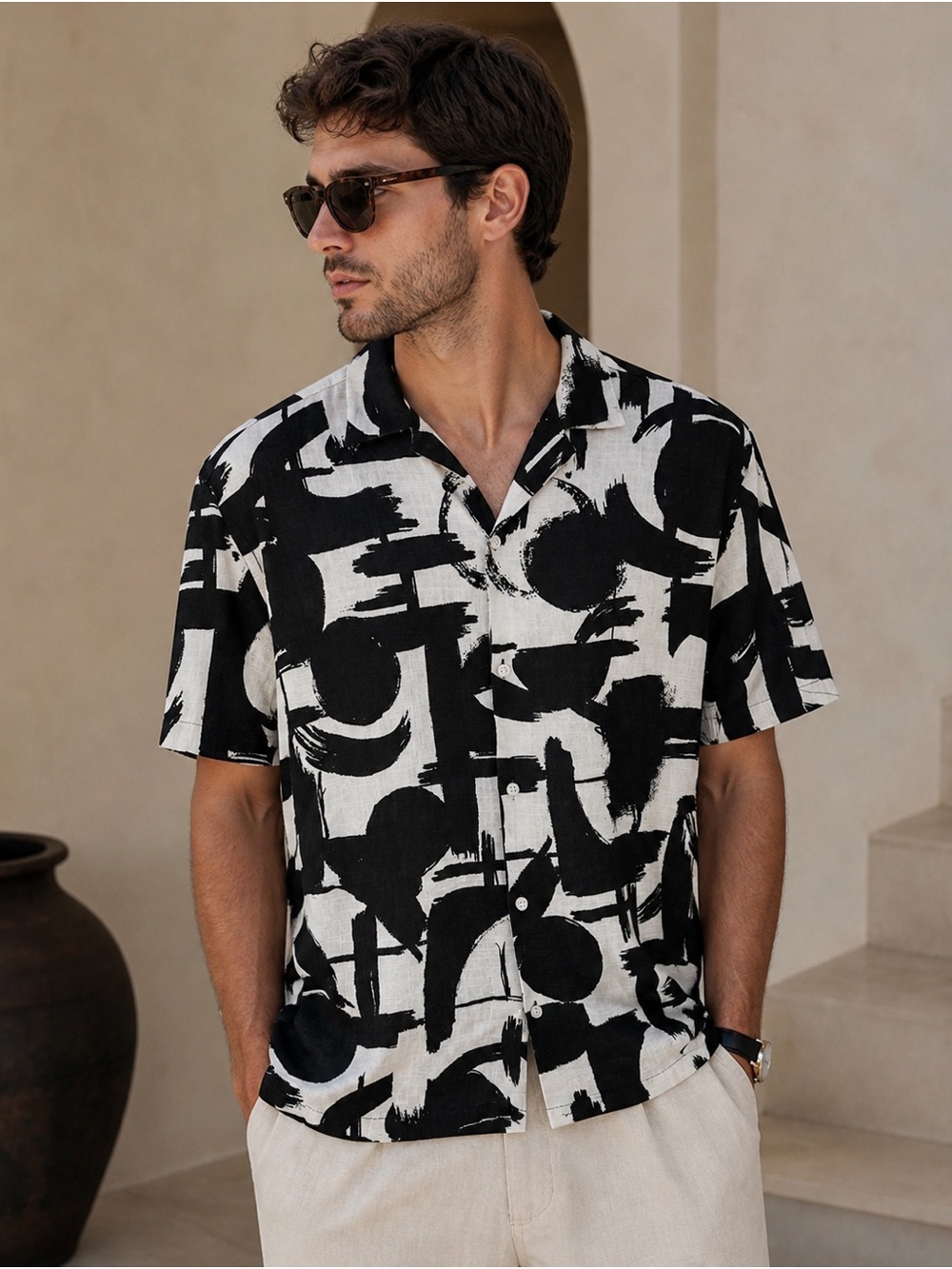Zara Men’s XL Black White Abstract Print Linen Blend Camp Collar Shirt L/XL